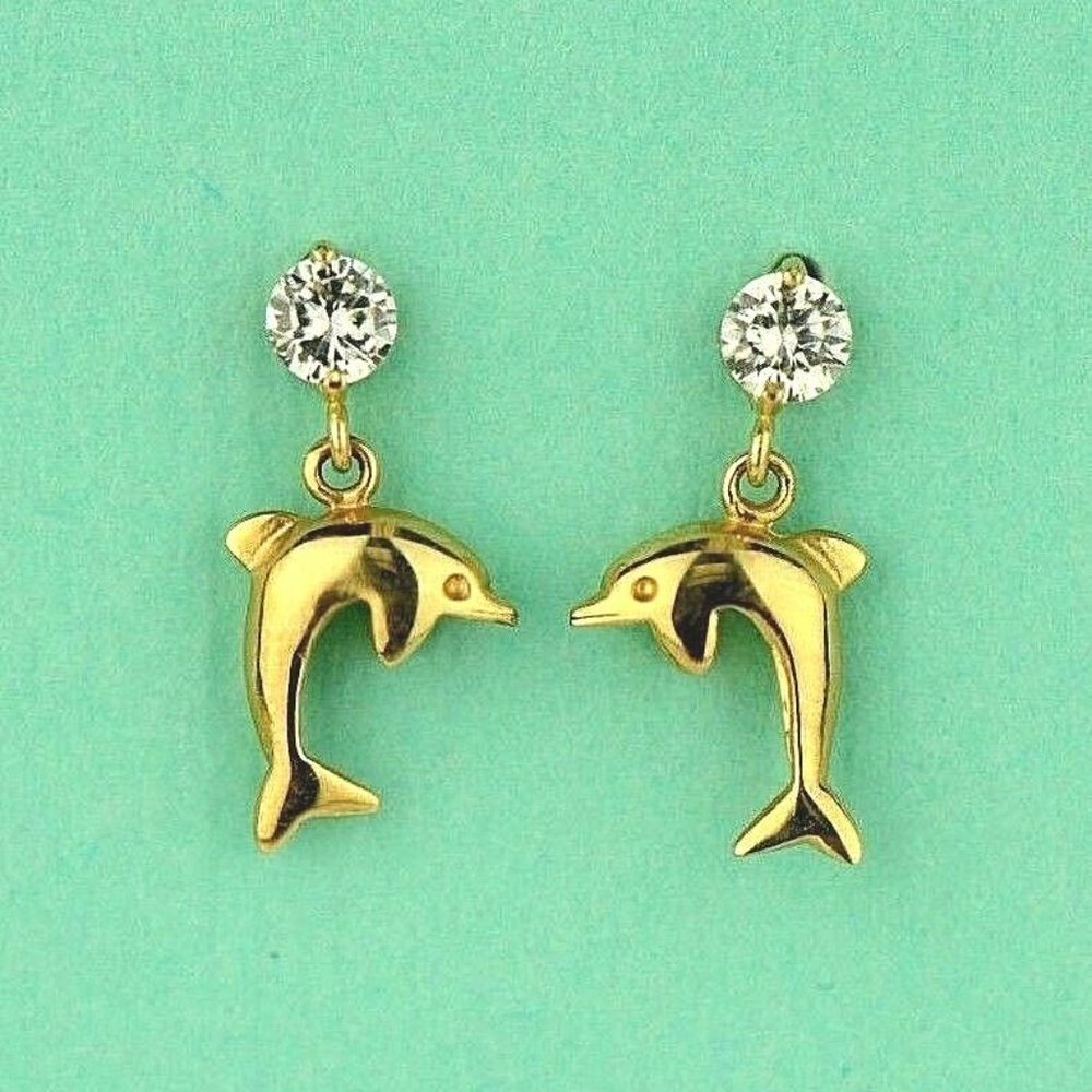 14k Solid Gold Dolphin Screw Back Stud Earring Wi… - image 2